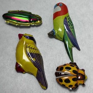 Vintage Tin Litho Animal Pins Japan Bird Parrot Ladybug Beetle Lot of 4